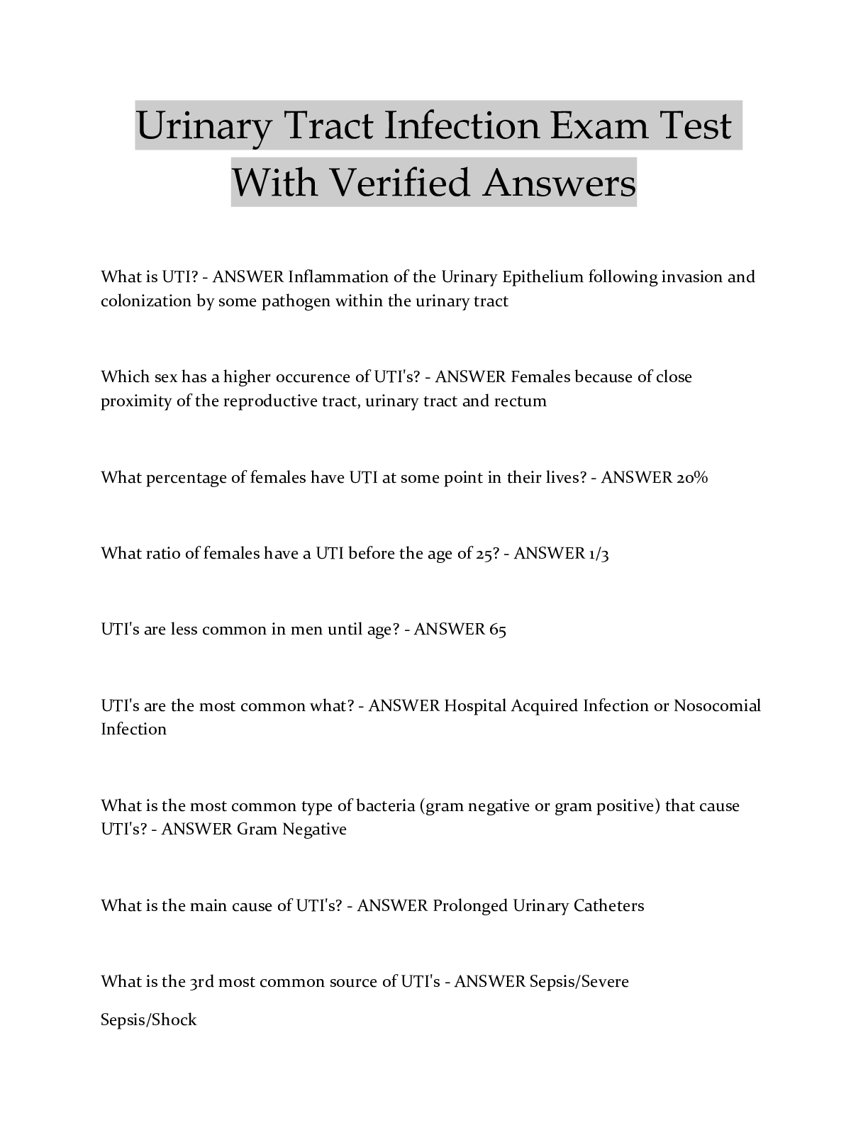 Preview image for Urinary Tract Infection Exam Test With Verified Answers